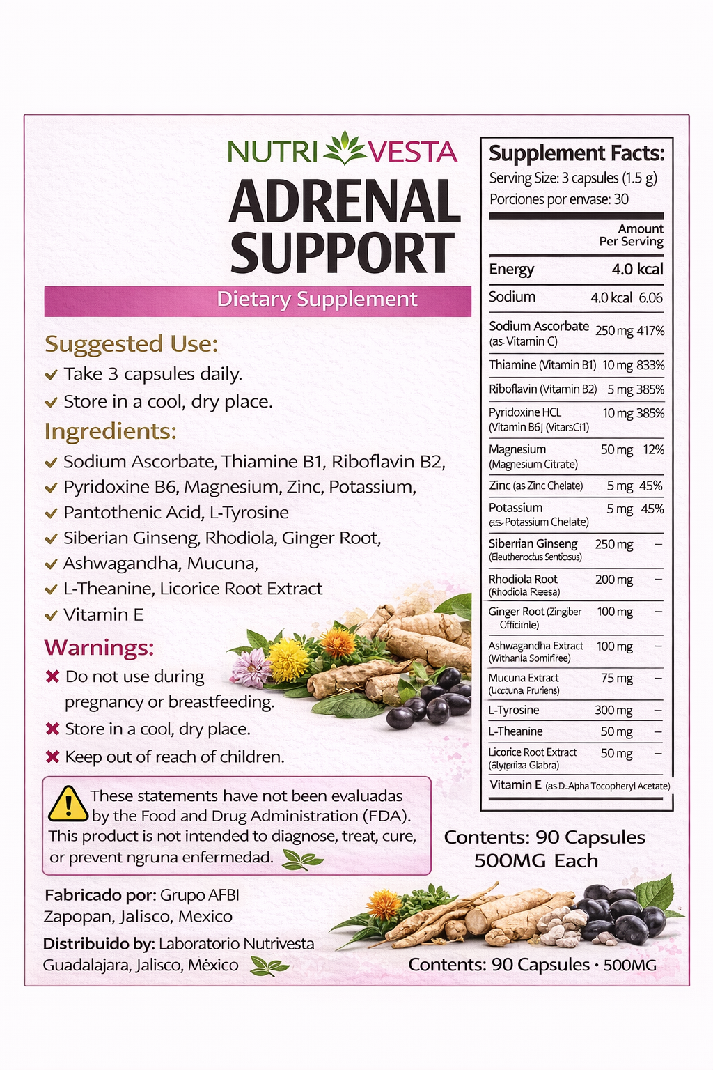Adrenal Support - Suplemento Dietético 90 Cápsulas 500mg