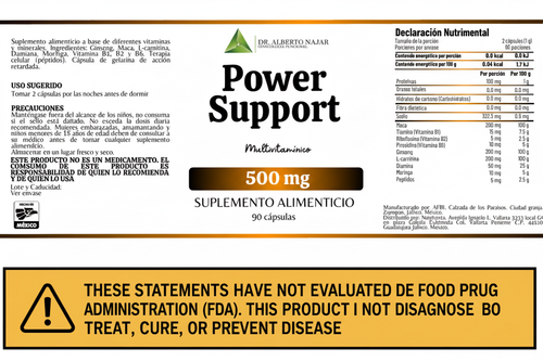 Power Support Nutrivesta - Etiqueta con aviso FDA
