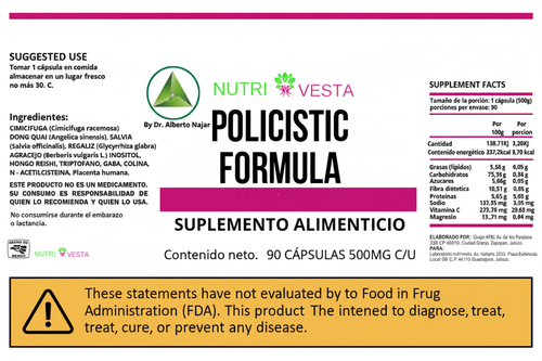 Policistic Formula Nutrivesta - English label with FDA disclaimer